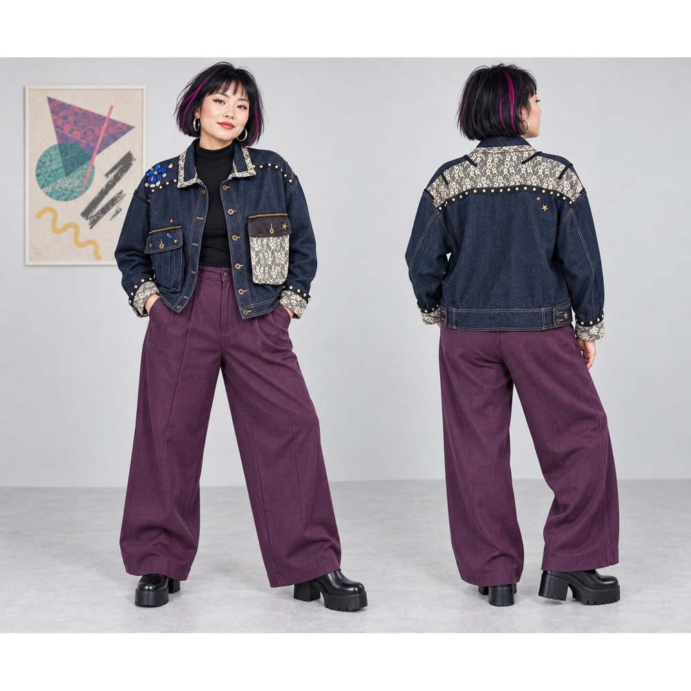Boho Y2K 80s Artsy Gene Ewing Bis Bis Rhinestones Lace Beads Denim XL/1X Jacket